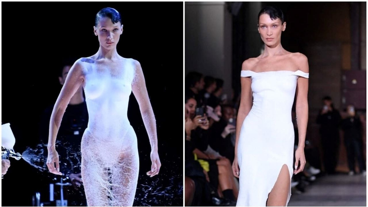 Model Bella Hadid’den akıllara kazınan bir gösteri: Üzerine elbise “püskürttüler”