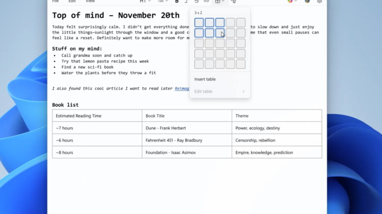 Windows 11 Not Defteri artık tabloları destekliyor: Yeni özellikler yolda